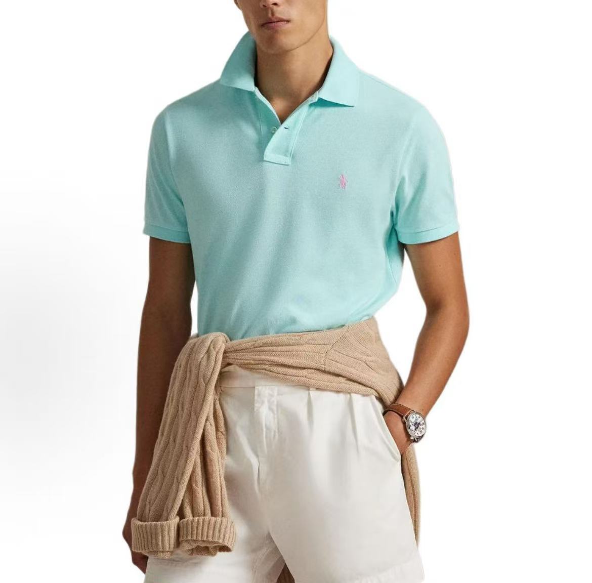 Ralph Lauren Cotton Button Plain Short-Sleeved Polo Shirt - Slim Fit Men's Style