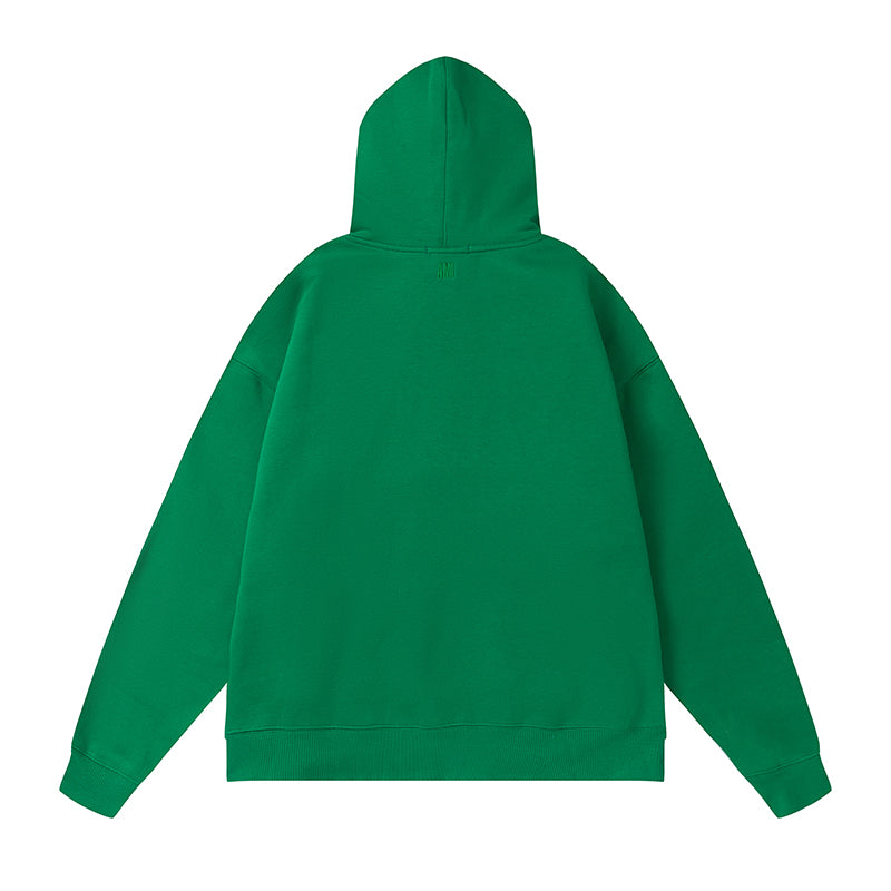 AMI Solid Color Striped Drawstring Hoodie Dark Green