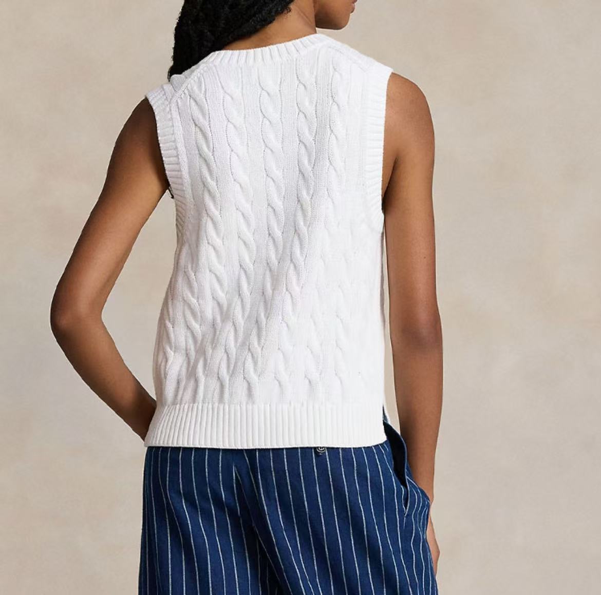 Ralph Lauren Petite Spurs Embroidered Solid Cotton Twill Gathered V-Neck Pullover With Ribbed Sleeve Hems and Slit Skirted Hem Knitted Cardigan Straight Fit Women's White