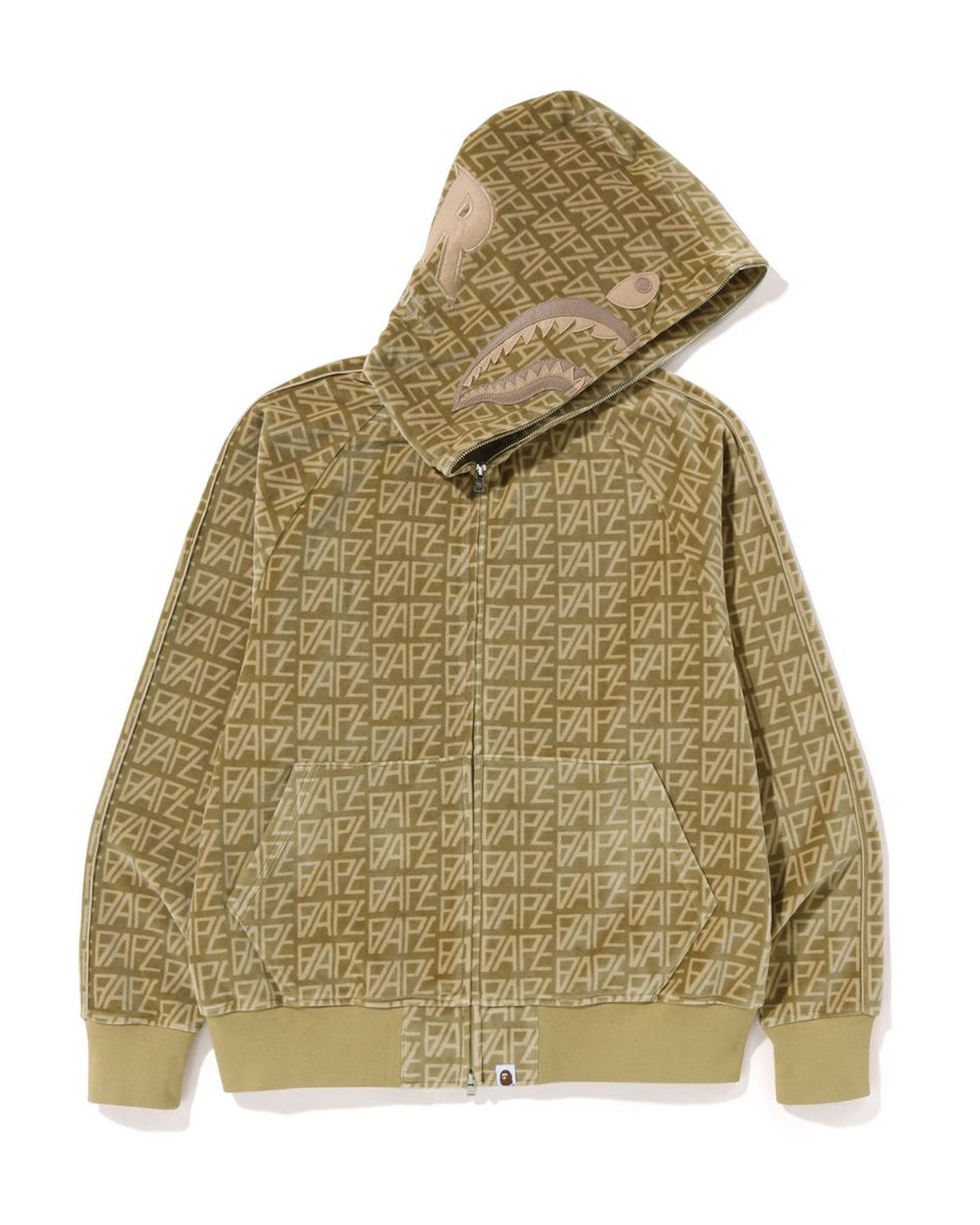 A Bathing Ape Logo Monogram Velour Shark Full Zip Hoodie In Beige