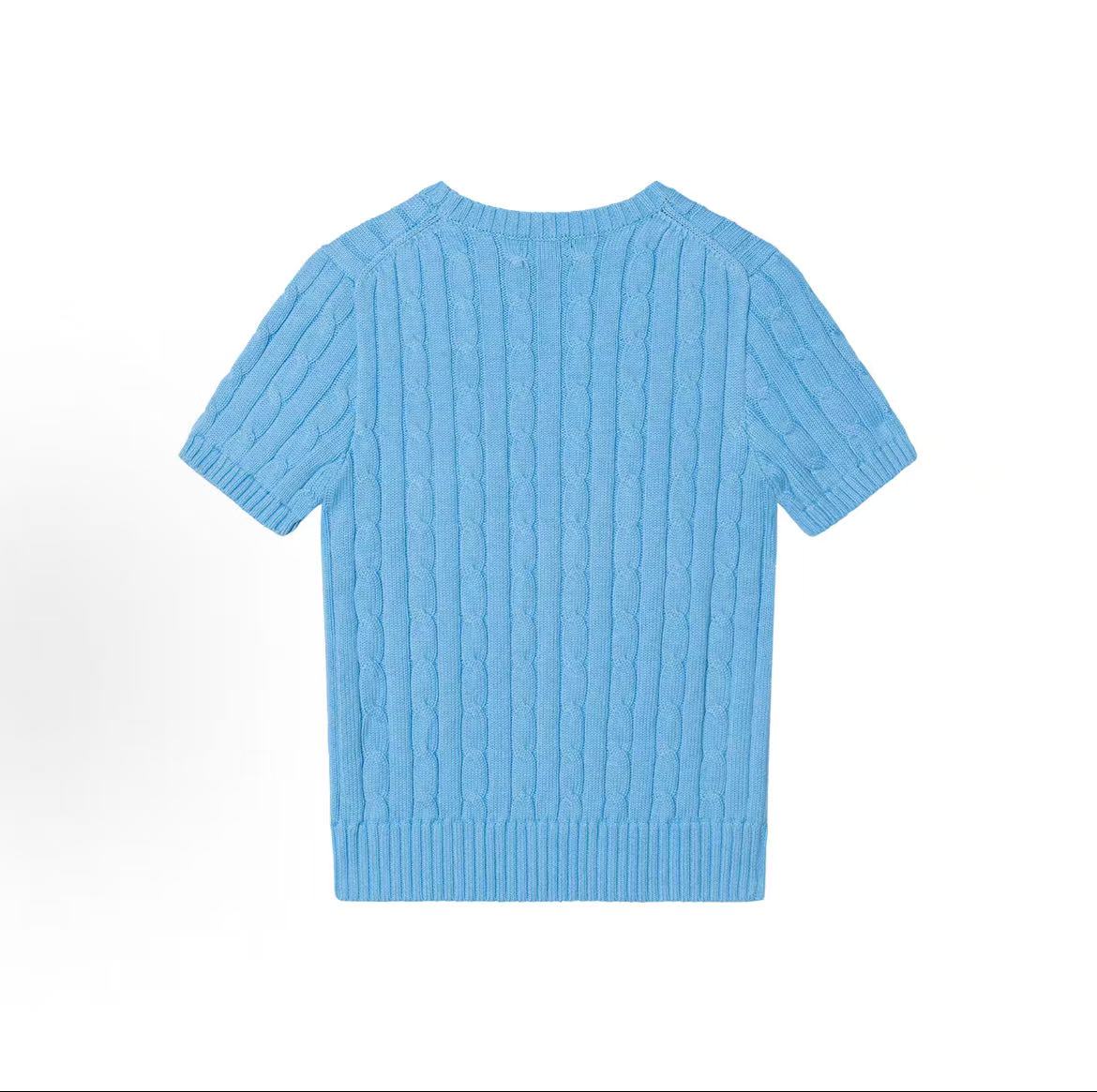 Ralph Lauren SS25 Small Horse Logo Embroidered Cotton Twill Roundneck Short Sleeve Pullover Sweater Knit Top Standard Fit Women's Blue