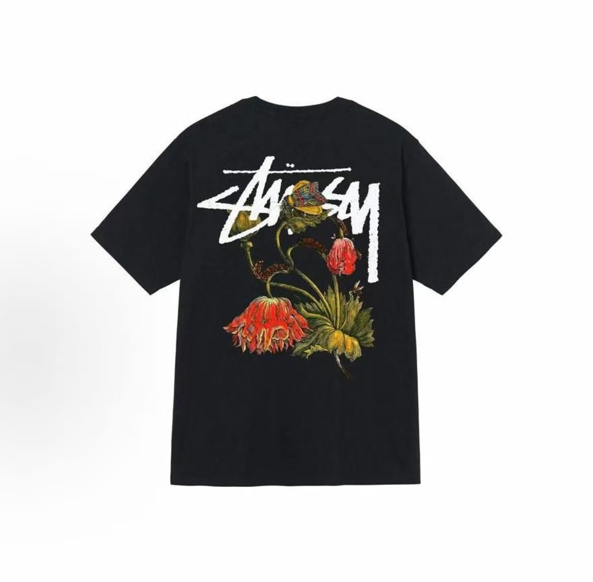 Stussy SS22 Peony Fashion Print Round-neck Pullover Casual Loose Comfortable Leisure Summer Short-Sleeve T-shirt for Men