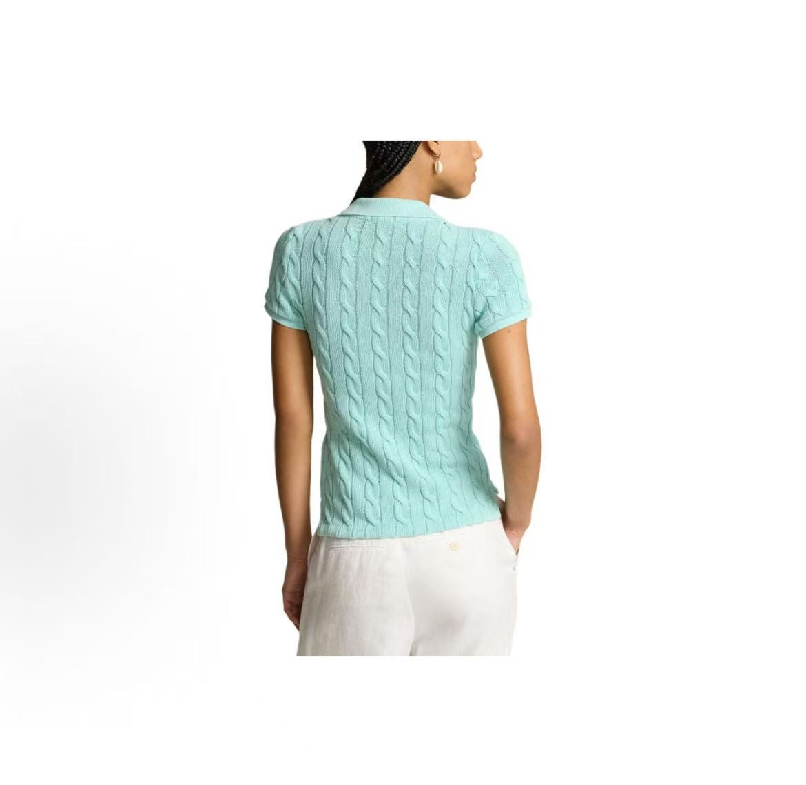 Ralph Lauren SS24 Solid-color Cotton Twill Plaid Pullover with Buttoned Short Sleeves and Ribbed Collar - Knitted Shirt - Form-fitting Style - Women's - Green