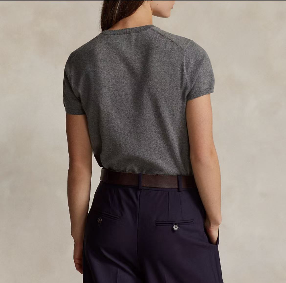 Ralph Lauren SS23 Small Horse Logo Embroidered Cotton Blend Ribbed Roundneck Pullover Short Sleeve Knit Shirt Loose Fit Women's Grey