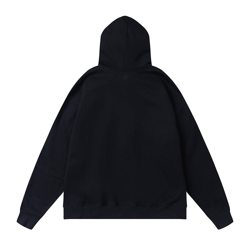 AMI Solid Color Striped Drawstring Hoodie Black