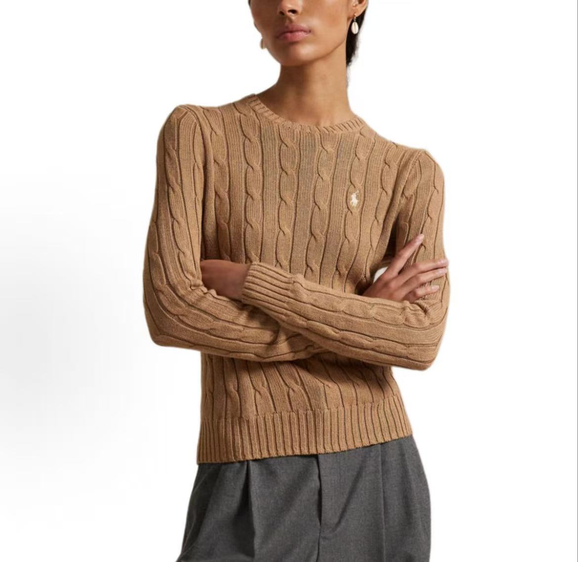Ralph Lauren Petite Spurs Embroidered Solid Breathable Cotton Twill Knoted Crewneck Pullover Long Sleeve Ribbed Hem Women's Sweater Camel Color Blend