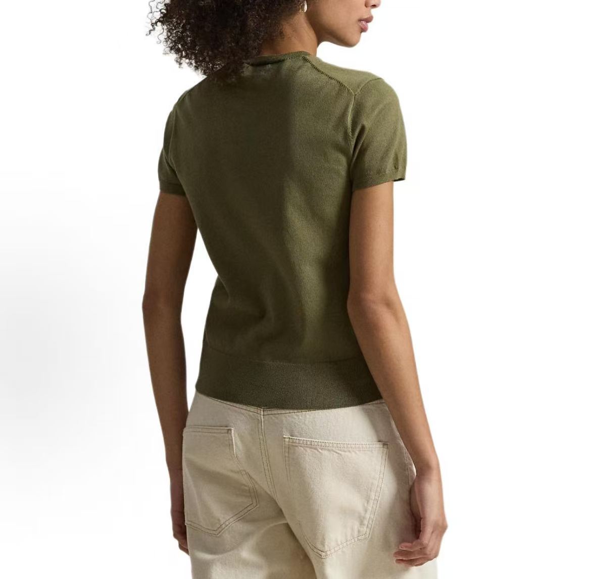 Ralph Lauren Solid-color Small Spikes Embroidered Short-Sleeved Round-neck Knit Shirt - Standard Fit - Women's Style