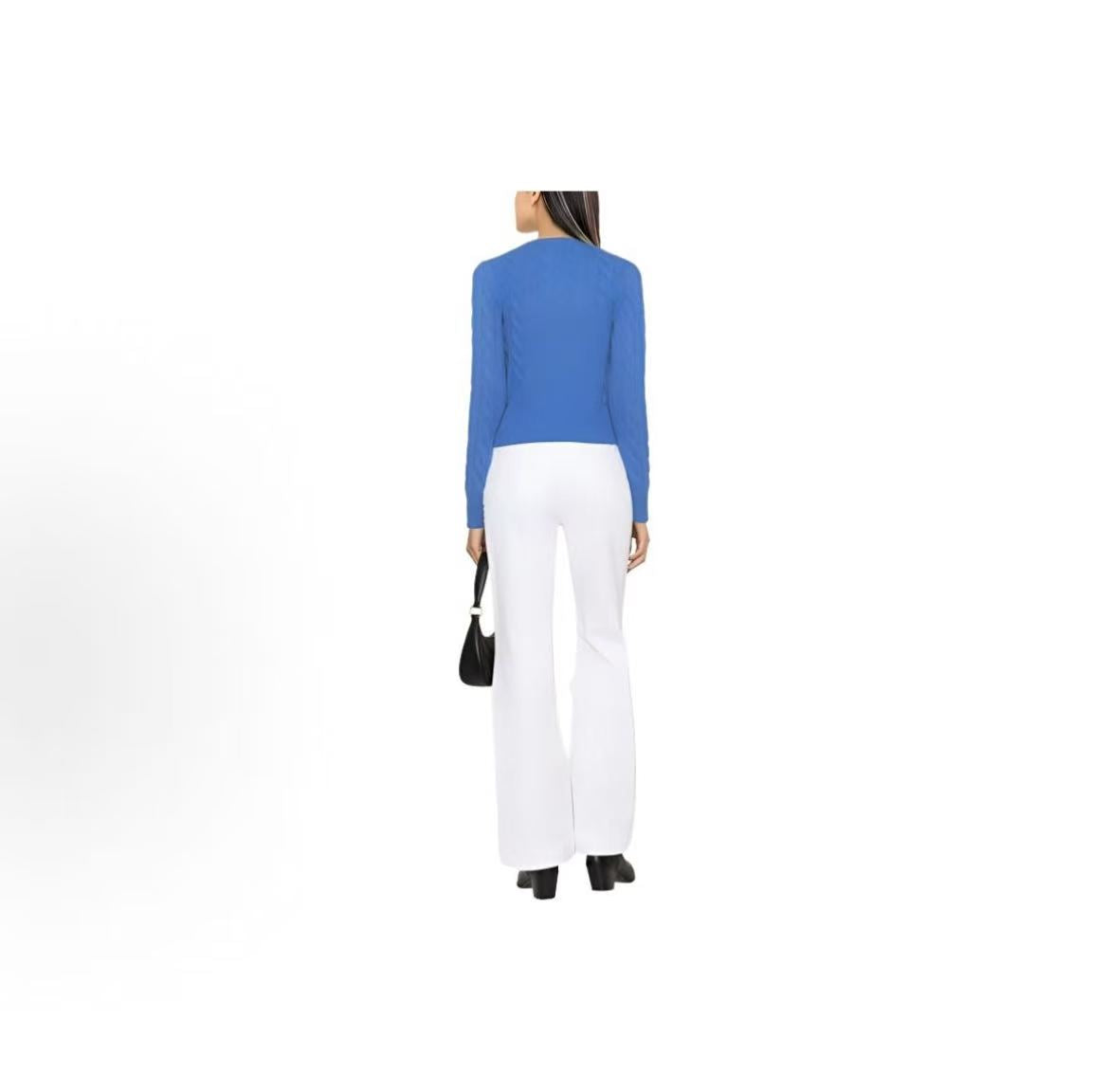 Ralph Lauren Solid-color Round-neck Short Sleeve Single-Button Long-Sleeved Sweater Standard Fit Women's Blue