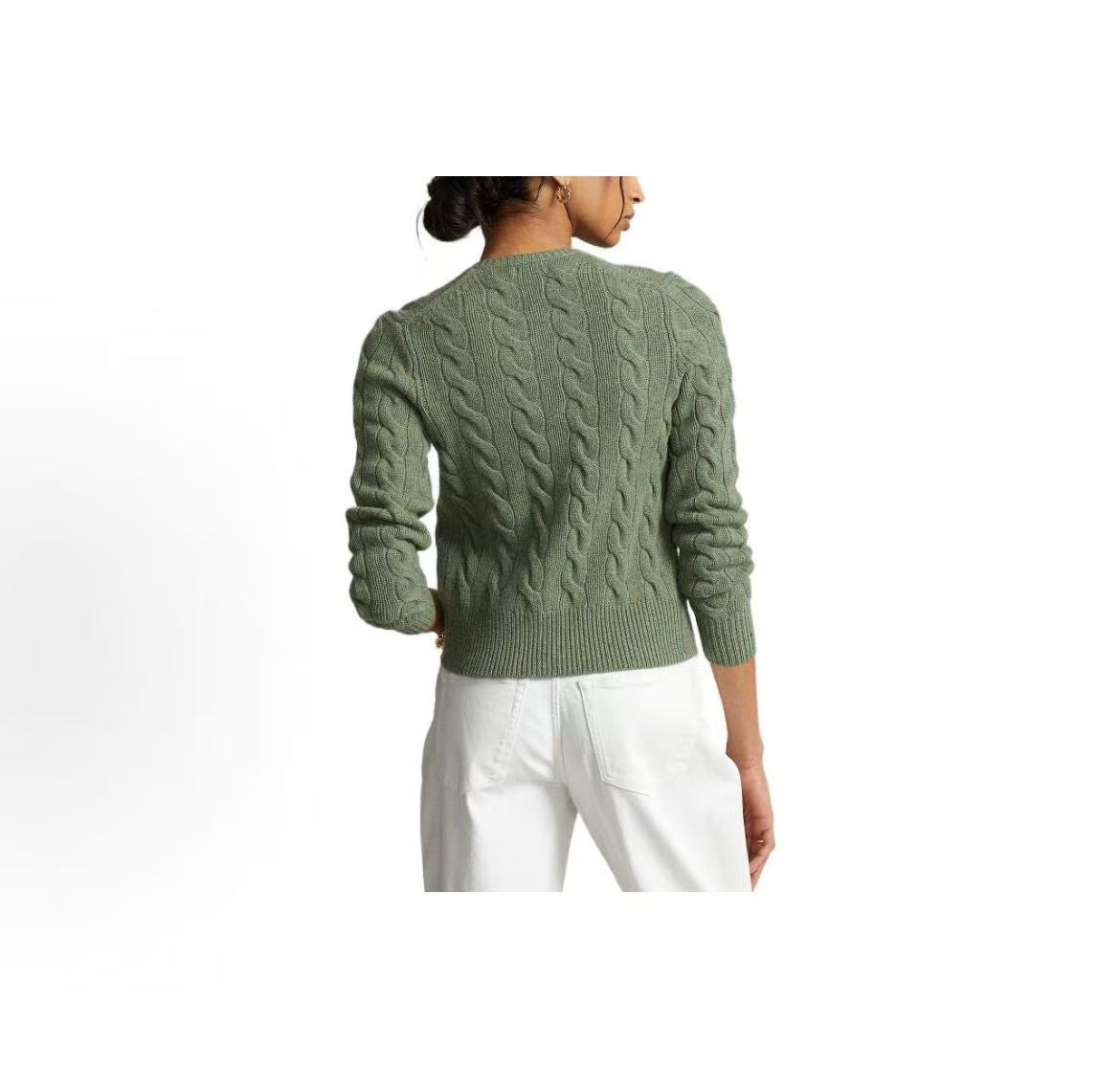 Ralph Lauren FW22 Solid-color Round-neck Button-up Plaid-knotted Long-sleeved Sweater (slightly fitted style) for women, in green color.