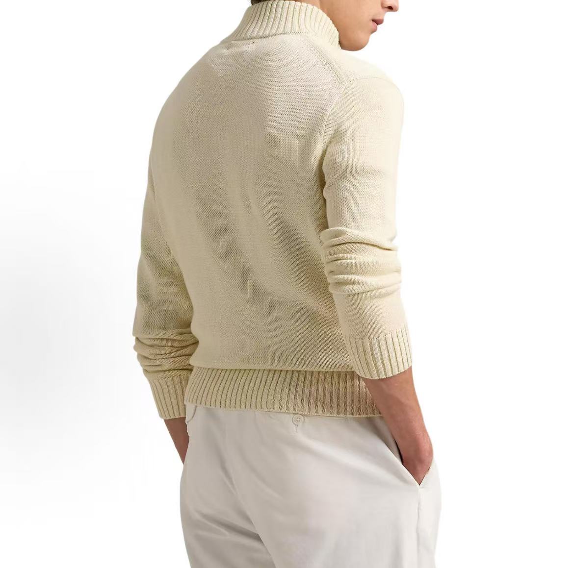 Ralph Lauren Small Horse Logo Embroidered Cotton Ribbed High-neck Quarter-Lined Front Pullover Long Sleeve Knit Shirt Standard Fit Men's Style Andover Cream