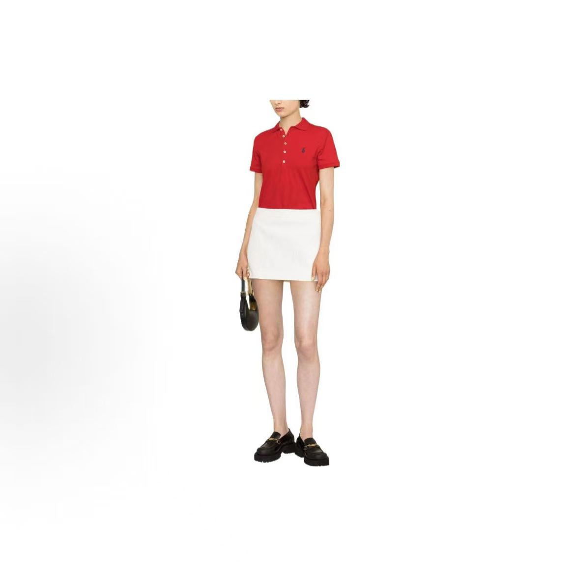 Ralph Lauren Petite Spurs Embroidered Solid Breathable Stretch Cotton Mesh Five-Pocket Polo Collar Hooded Short Sleeve Ribbed Sleeve Cap Polo Shirt - Slim Fit - Women's - Red with Navy Blue Pattern