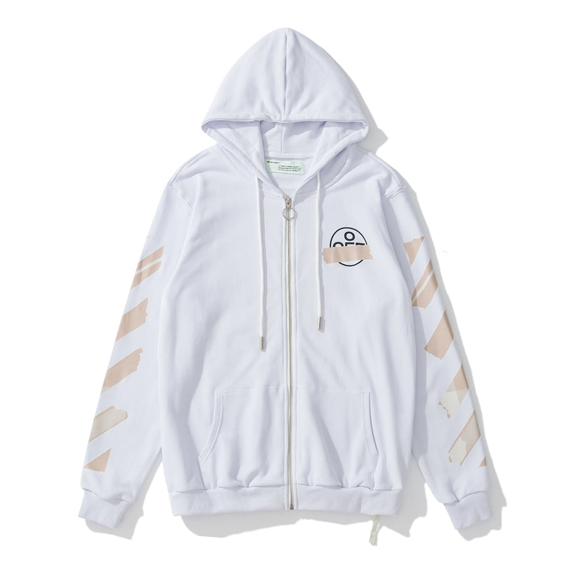 Off-White arrow zebra crossing print zipper hooded sweater beige/white