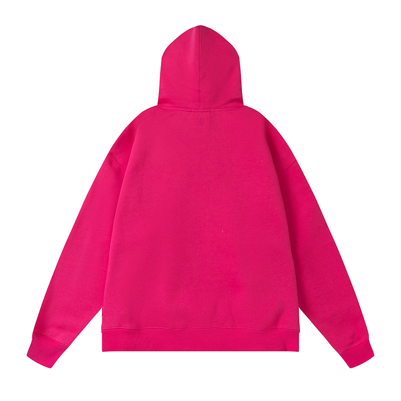 AMI Solid Color Striped Drawstring Hoodie Rose Red