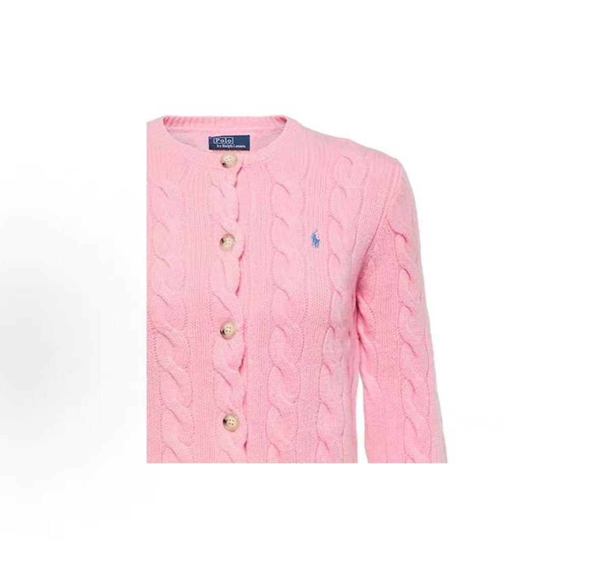 Ralph Lauren Petite Spurs Embroidered Solid Wool and Cashmere Blend Plaid Knit Round Neck Long Sleeve Seamless Fan-Style Button Front Pullover Sweater Standard Fit Women's Style