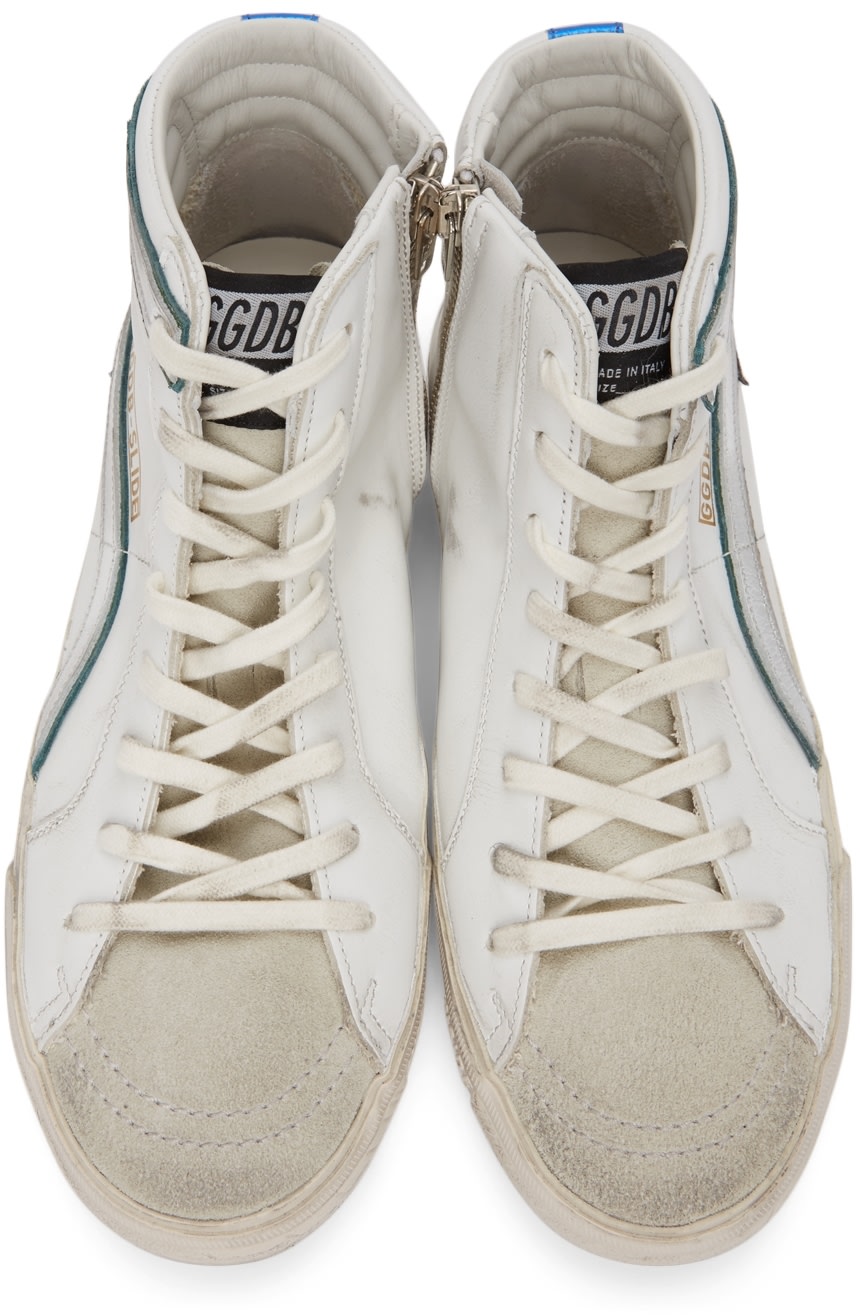 حذاء GOLDEN GOOSE رياضي كلاسيكي عالي الرقبة من الجلد الأبيض والشمواه طراز Slide