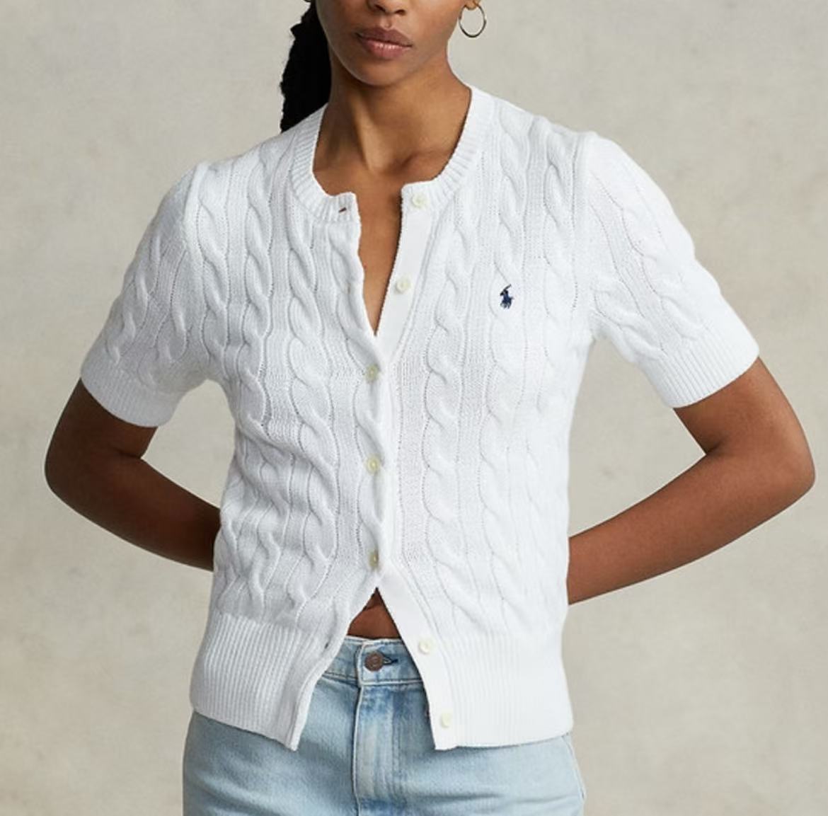 Ralph Lauren SS23 Petite Spur Embroidered Solid Cotton Twill Knoted Crewneck Short Sleeve Button Front Lace Trim Hem Knit Top Standard Fit Women's White