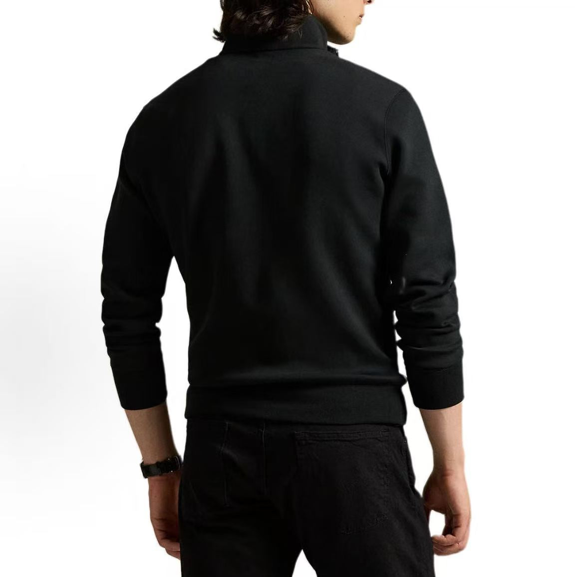 Ralph Lauren Small Horse Embroidered Logo Pattern Cotton Blend High-neck Two-Sided Knitted Quarter-Zip Pullover Long Sleeve Shirt Standard Fit Men's Polo Black