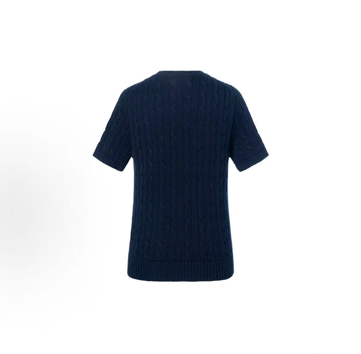 Ralph Lauren SS23 Little Spur Embroidery Pure Color Cotton Round-neck Pullover Short Sleeve Knit Shirt Standard Size Women's Blue