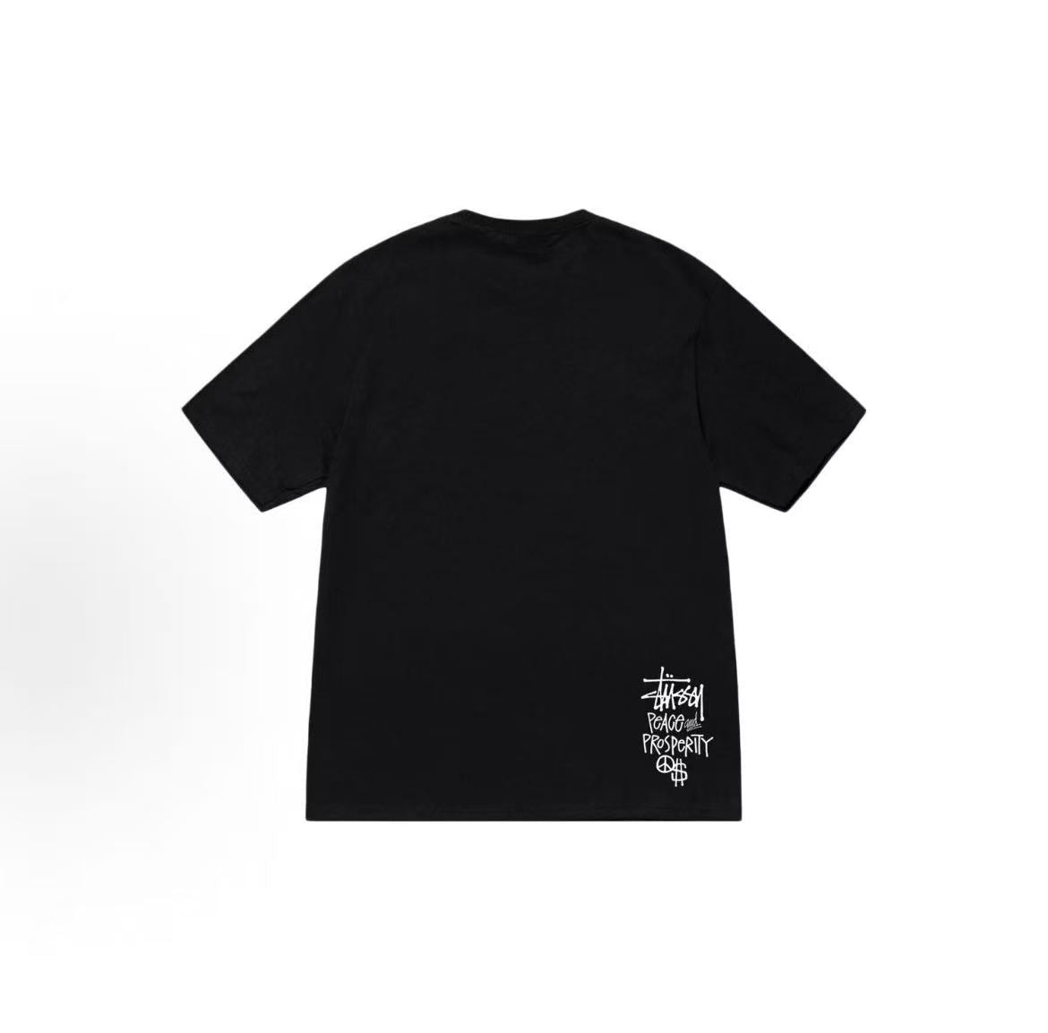 Stussy Peace & Prosperity Tee - A round-neck short-sleeved T-shirt for both men and women, featuring the slogan "Peace & Prosperity".