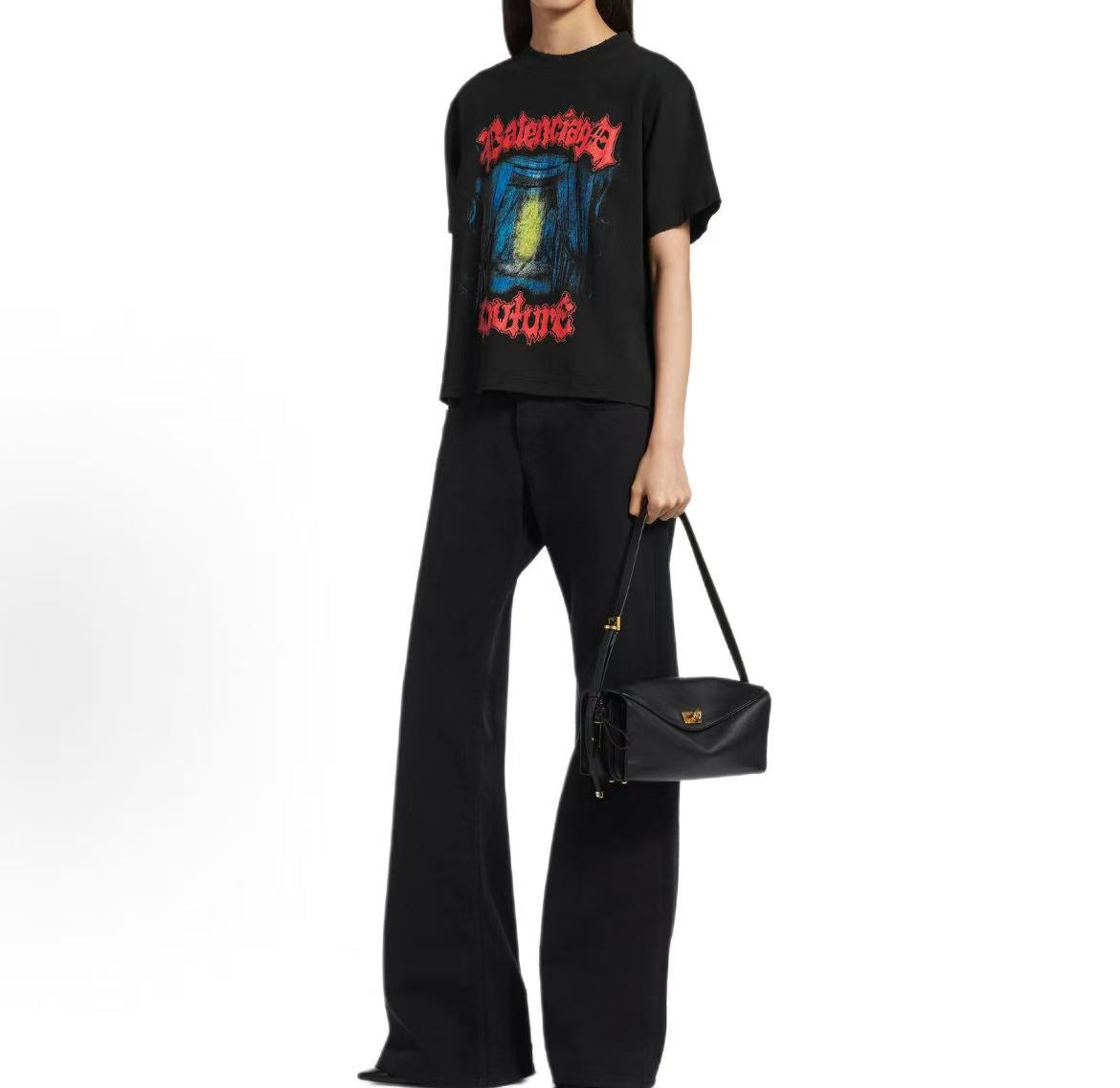 Balenciaga Streetwear Letter Patterned Short-Sleeved Round-neck T-shirt for Women - Regular Fit, Spring/Summer 2026