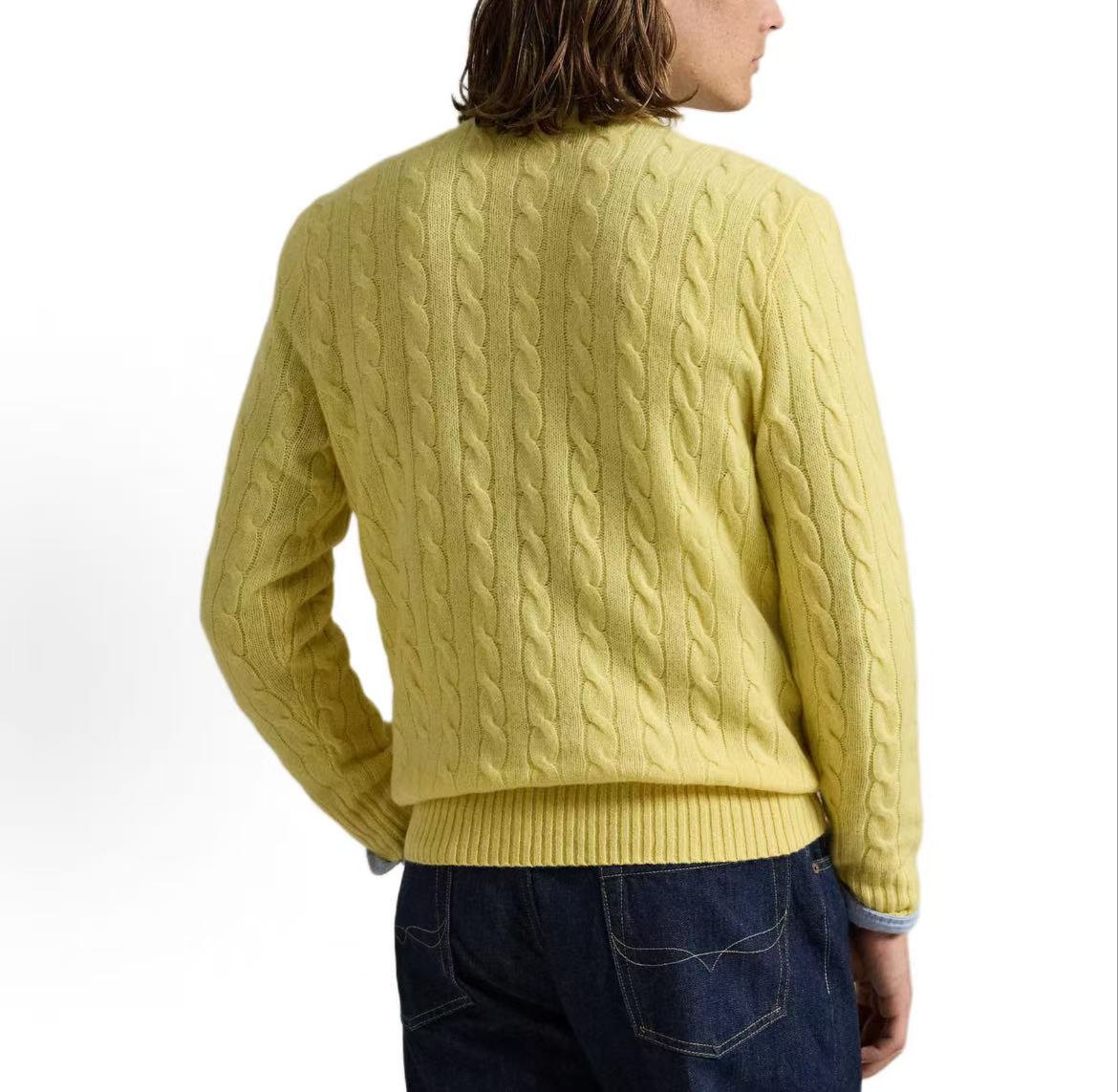 Ralph Lauren Petite Spurs Embroidered Solid Wool and Cashmere Blend Plaid Knit Round Neck Pullover Long Sleeve Ribbed Sleeve and Hem Sweater Standard Fit Men's Fall Yellow