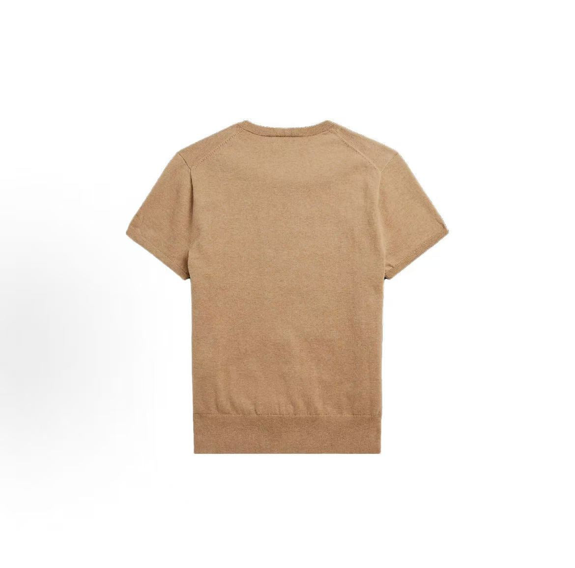 Ralph Lauren SS23 Small Horse Logo Embroidered Cotton Blend Ribbed Roundneck Pullover Short Sleeve Knit Shirt Loose Fit Women's Item Tan Color Blend