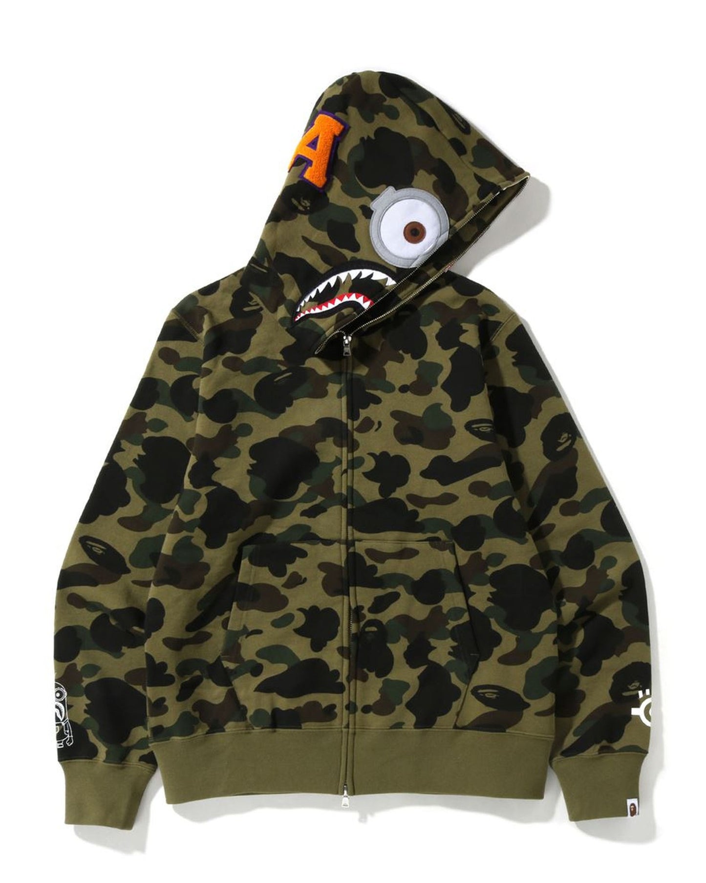 A Bathing Ape X Minions 1st Camo Minions Shark Full Zip Hoodie In Amry Green