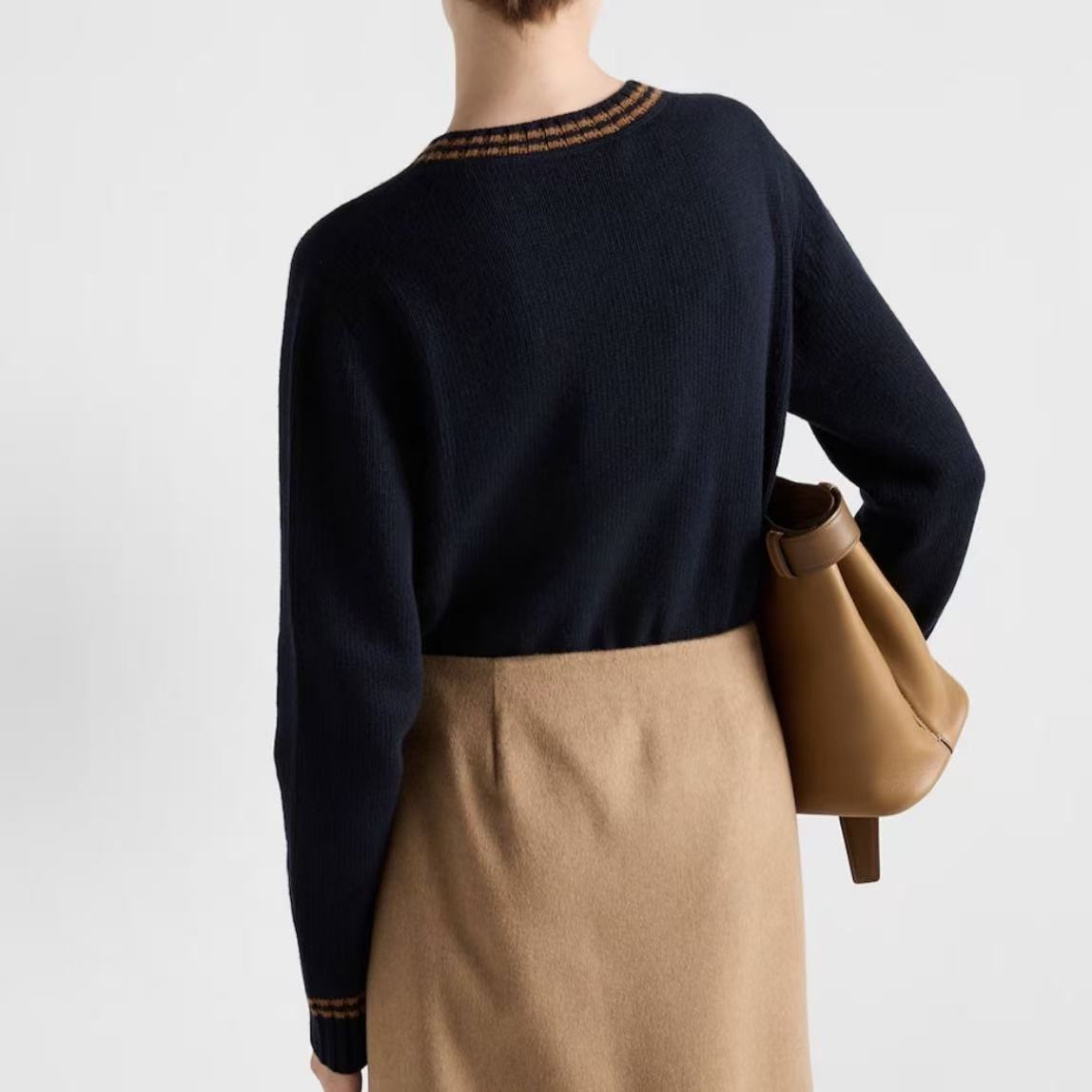 PRADA - Pullover Wool Round-neck Letter Print Long-Sleeve Cashmere Shirt - Women's - Midnight Blue