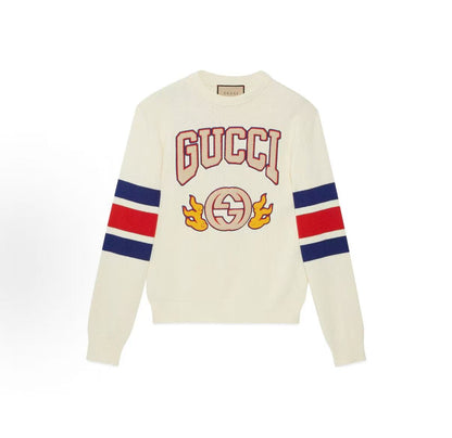 GUCCI - Chinese New Year SS24 - Letter Logo Striped Embroidered Round-neck Long-sleeved Knit Shirt for Men - Ivory White