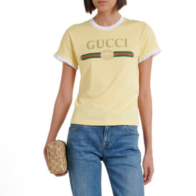 GUCCI Generation Gucci Collection 2026 Spring Summer Short Sleeve Ruffled Edged Printed Knit Cotton T-Shirt for Women