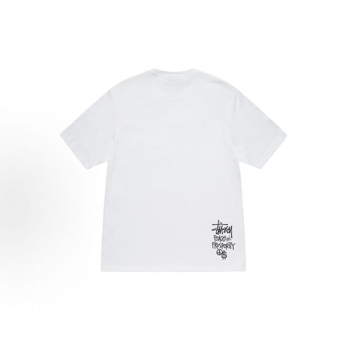 Stussy Peace & Prosperity Tee - A round-neck short-sleeved T-shirt for both men and women, featuring the slogan "Peace & Prosperity".