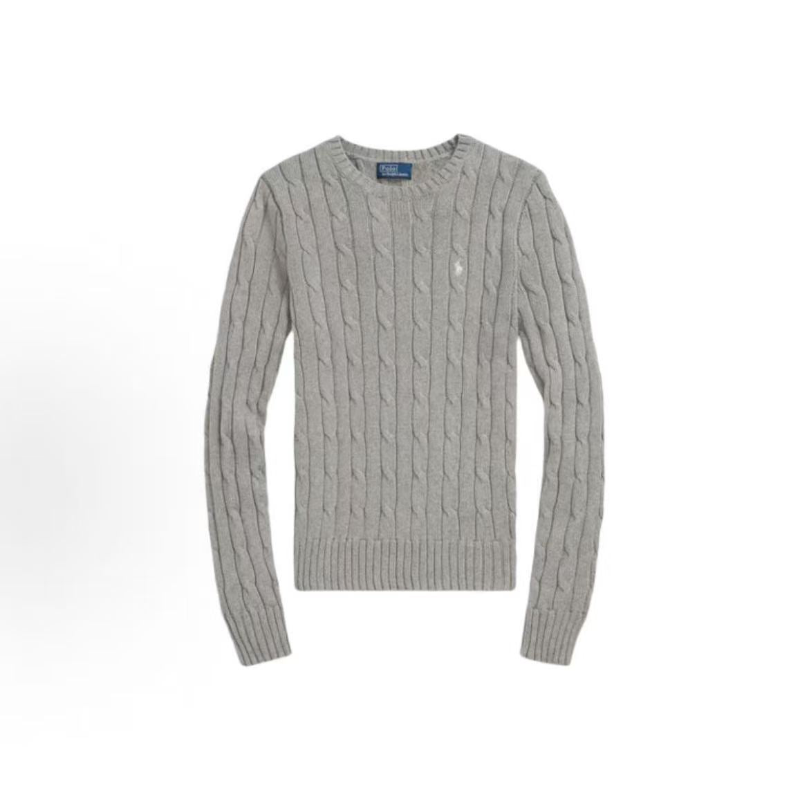 Ralph Lauren Small Horse Logo Embroidered Pattern Twisted Knitted Cotton Roundneck Pullover Long Sleeve Knit Shirt Standard Fit Women's Grey