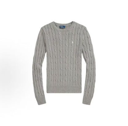 Ralph Lauren Small Horse Logo Embroidered Pattern Twisted Knitted Cotton Roundneck Pullover Long Sleeve Knit Shirt Standard Fit Women's Grey