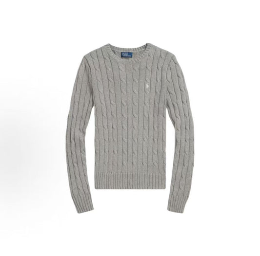 Ralph Lauren Small Horse Logo Embroidered Pattern Twisted Knitted Cotton Roundneck Pullover Long Sleeve Knit Shirt Standard Fit Women's Grey