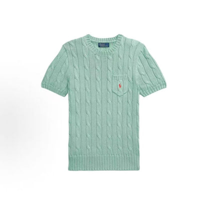 Ralph Lauren Small Horse Logo Embroidered Twisted Knot Cotton Roundneck Pullover Short Sleeve Knit Shirt Standard Fit Women's Green