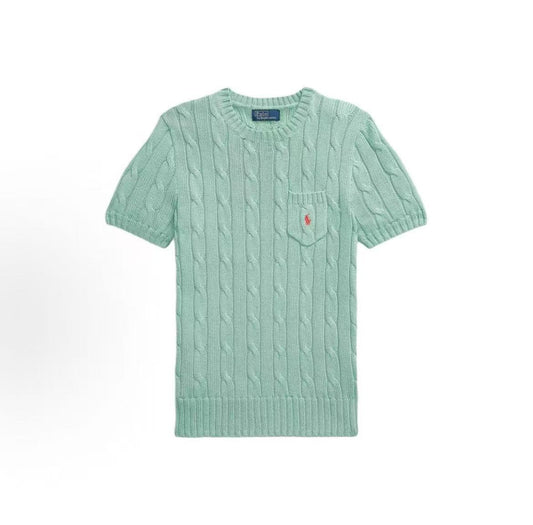 Ralph Lauren Small Horse Logo Embroidered Twisted Knot Cotton Roundneck Pullover Short Sleeve Knit Shirt Standard Fit Women's Green