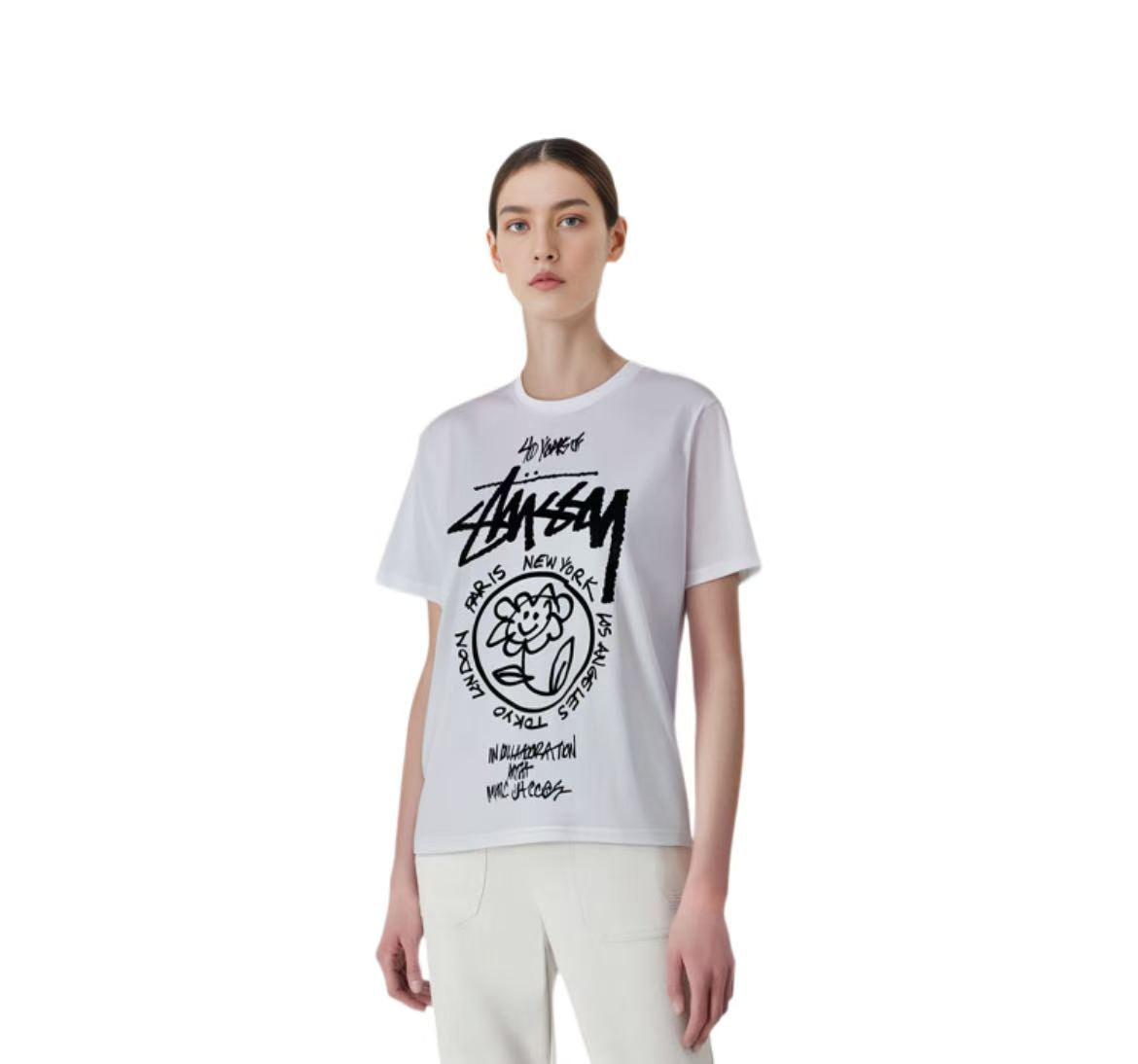 Stussy x Marc Jacobs 40th Anniversary Classic Tour American Retro Short-Sleeved T-Shirt - The same style for both men and women. White color.