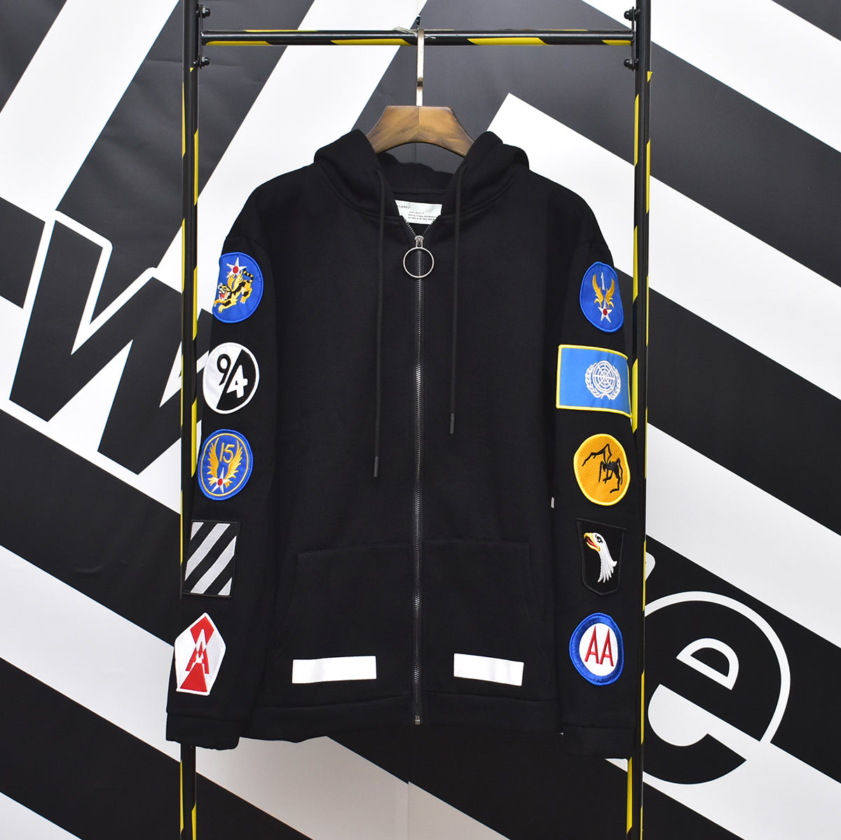 Off-White stripe badge zipper hooded cardigan sweatshirt black