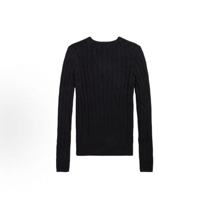 Ralph Lauren SS23 Small Horse Logo Embroidered Twisted Knitted Cotton V-Neck Pullover Long Sleeve Knit Shirt, Form-fitting Style, Women's, Black