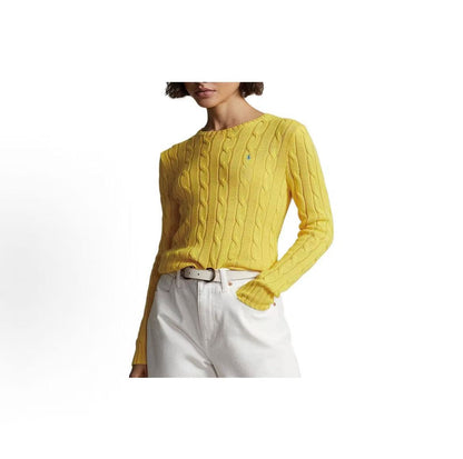 Ralph Lauren FW23 Solid Color Logo Jacquard Cotton Crewneck Long Sleeve Sweater, Regular Fit, Women's, Yellow