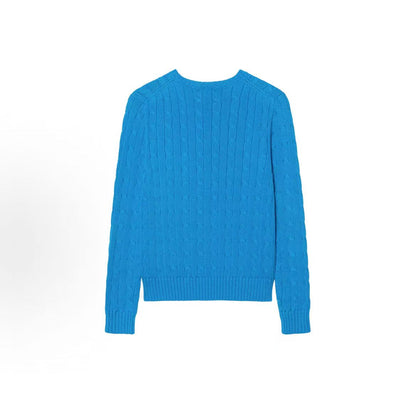 Ralph Lauren Small Horse Logo Embroidered Cotton Roundneck Long Sleeve Pullover Sweater Knit Shirt Standard Fit Women's Ice Blue