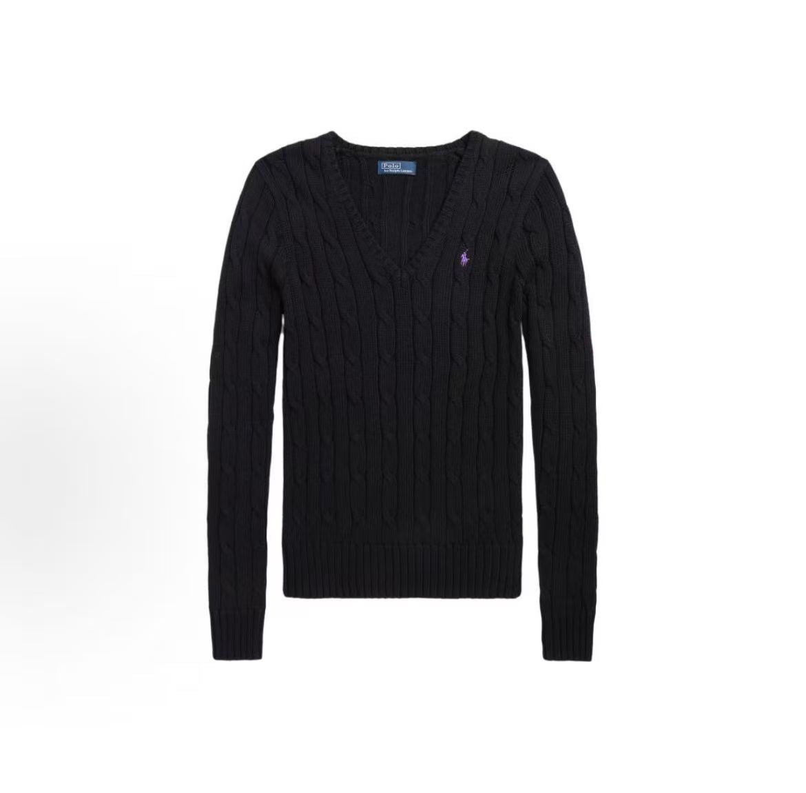 Ralph Lauren SS23 Small Horse Logo Embroidered Twisted Knitted Cotton V-Neck Pullover Long Sleeve Knit Shirt, Form-fitting Style, Women's, Black