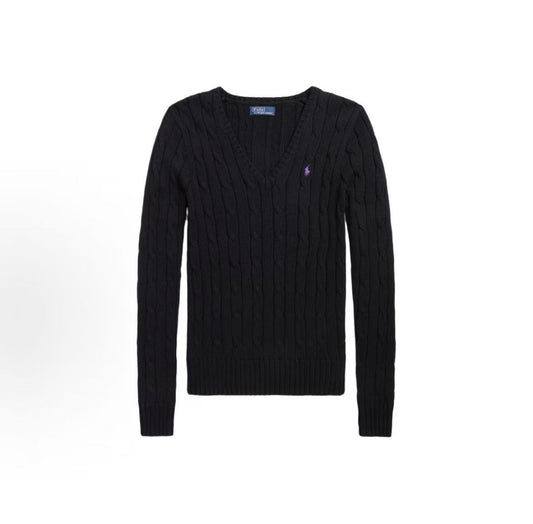 Ralph Lauren SS23 Small Horse Logo Embroidered Twisted Knitted Cotton V-Neck Pullover Long Sleeve Knit Shirt, Form-fitting Style, Women's, Black