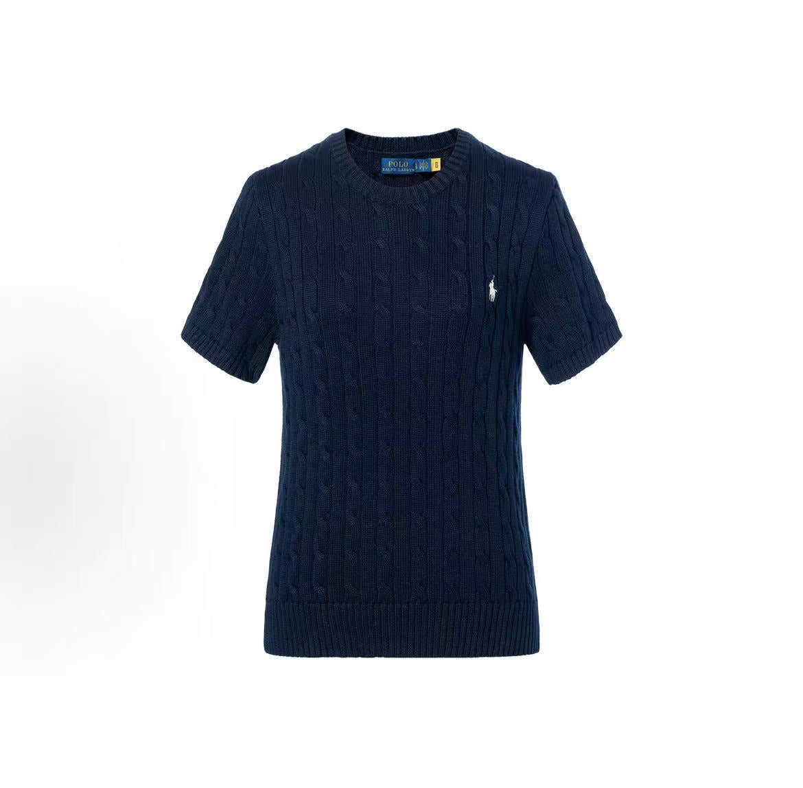 Ralph Lauren SS23 Little Spur Embroidery Pure Color Cotton Round-neck Pullover Short Sleeve Knit Shirt Standard Size Women's Blue