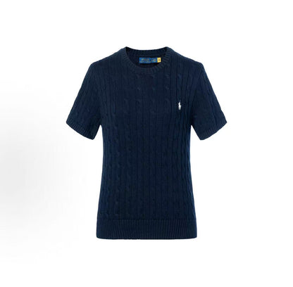 Ralph Lauren SS23 Little Spur Embroidery Pure Color Cotton Round-neck Pullover Short Sleeve Knit Shirt Standard Size Women's Blue