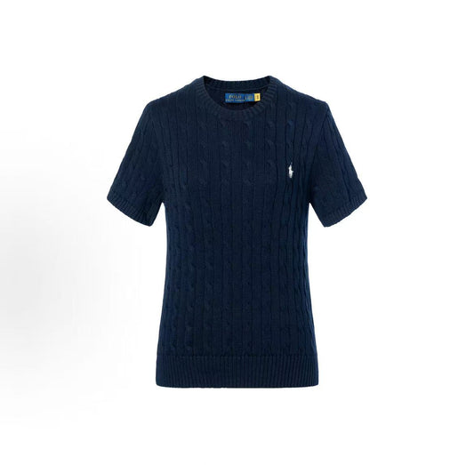 Ralph Lauren SS23 Little Spur Embroidery Pure Color Cotton Round-neck Pullover Short Sleeve Knit Shirt Standard Size Women's Blue