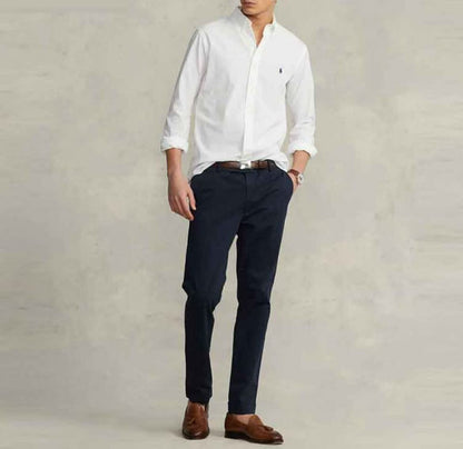 Ralph Lauren SS22 Solid Cotton Bubble Weave Shirt with Small Logo Embroidery for Men in White