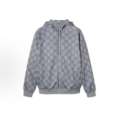 GUCCI 2024 Autumn Early Season Collection - Logo Embroidered Full Pattern Hooded Jacket - Men's Style - Gray