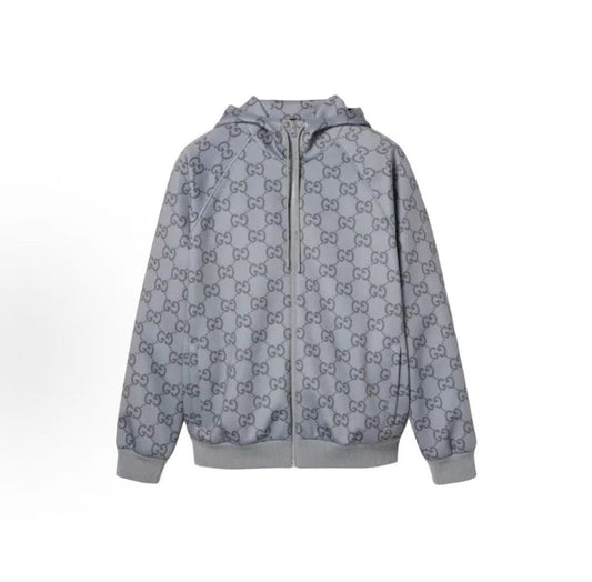 GUCCI 2024 Autumn Early Season Collection - Logo Embroidered Full Pattern Hooded Jacket - Men's Style - Gray