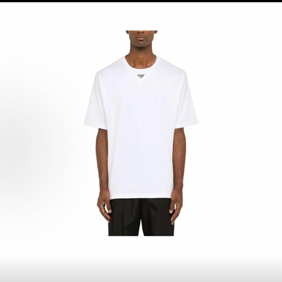 PRADA - Round-neck straight-cut logo-fit short-sleeved T-shirt for men - White